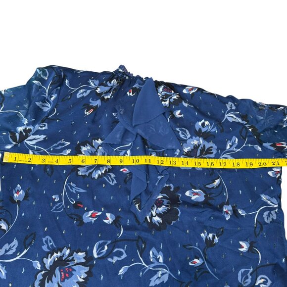 White House Black Market Blue Floral Blouse | Size 14 | Ruffle Neck | 26" Length - Picture 9 of 9